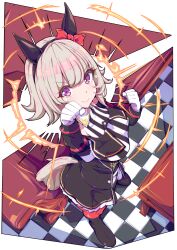 Rule 34 | 1girl, :&gt;, absurdres, animal ears, black footwear, black hairband, bow, checkered floor, clenched hands, curren chan (umamusume), dress, ear bow, ear covers, from above, full body, grey hair, hairband, highres, horse ears, horse girl, horse tail, kan lee, looking at viewer, looking up, off-shoulder dress, off shoulder, purple eyes, red bow, short hair, smile, solo, tail, two-tone dress, umamusume