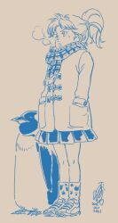 Rule 34 | 1girl, animal print, bird, cat print, coat, dated, full body, greyscale, gundam, gundam f91, high ponytail, monochrome, oono junji, open mouth, penguin, pleated skirt, reese arno, scarf, shoes, short hair, simple background, skirt, sneakers, winter clothes