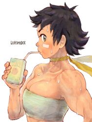 Rule 34 | 1girl, absurdres, bandage on face, bandaged chest, bandages, black hair, breasts, choker, cleavage, drinking, drinking straw, highres, juice box, looking at viewer, makoto (street fighter), medium breasts, muscular, muscular female, quasimodox, ribbon choker, short hair, simple background, solo, street fighter, street fighter iii (series), street fighter iv (series), sweat, tomboy, white background, yellow choker
