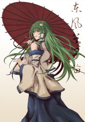 Rule 34 | 1girl, bad id, bad pixiv id, blue skirt, blush, character name, detached sleeves, frog hair ornament, from behind, gradient background, green hair, grey background, grin, hair ornament, hair tubes, hiiragi isaki, kochiya sanae, long hair, long skirt, looking at viewer, looking back, looking to the side, oil-paper umbrella, pointy nose, skirt, sleeveless, smile, snake hair ornament, solo, touhou, translation request, umbrella, very long hair, white background, wide sleeves
