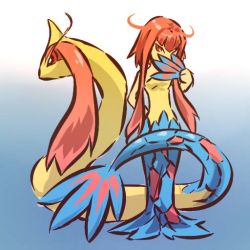 Rule 34 | 00s, 1girl, arm behind back, bare shoulders, covering face, covering privates, creatures (company), dress, game freak, gen 3 pokemon, hand fan, hitec, long hair, milotic, moemon, nintendo, personification, pink eyes, pink hair, pokemon, pokemon (creature), pokemon rse