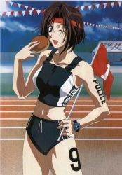Rule 34 | 1990s (style), 1girl, ;o, bare shoulders, black hair, body writing, bread, breasts, brown hair, buruma, chain-link fence, clothes writing, cloud, collarbone, cowboy shot, crop top, day, drawstring, eating, fence, flag, food, green eyes, hand on own hip, headband, holding, large breasts, looking at viewer, midriff, nakajima atsuko, navel, numbered flag, one eye closed, open mouth, outdoors, pennant, retro artstyle, running track, scan, short hair, sky, solo, sportswear, standing, string of flags, sweat, taiho shichauzo, tank top, tattoo, tent, track and field, tsujimoto natsumi, watch, wink, wristwatch, yua visual book