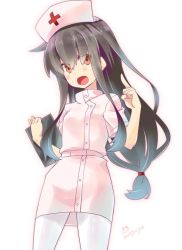 Rule 34 | 10s, 1girl, alternate costume, black hair, brown eyes, hat, hatsushimo (kancolle), imu sanjo, kantai collection, long hair, looking at viewer, md5 mismatch, nurse, nurse cap, open mouth, resized, simple background, skirt, solo, white background, white legwear