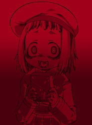 Rule 34 | 1girl, bad id, bad pixiv id, blood, constricted pupils, crazy eyes, creepy, fangs, harukaze unipo, hat, holding, horror (theme), looking at viewer, open mouth, original, red theme, solo, teeth, unipo, valentine, yukari-chan, zombie