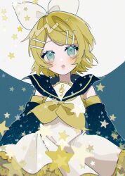 Rule 34 | 1girl, :o, aqua eyes, black sailor collar, black sleeves, blonde hair, blush, bow, cross-shaped pupils, detached sleeves, dress, flat chest, frilled dress, frills, hair bow, hair ornament, hairclip, head tilt, highres, kagamine rin, lace, lace-trimmed dress, lace trim, looking up, maca1227, neckerchief, open mouth, sailor collar, sailor dress, shooting star, short hair, sleeveless, sleeveless dress, solo, star (sky), star (symbol), star print, star trail, symbol-shaped pupils, treble clef, vocaloid, white bow, white dress, wide sleeves, yellow neckerchief