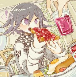 Rule 34 | !, 2boys, bread slice, chair, checkered clothes, checkered scarf, cup, danganronpa (series), danganronpa v3: killing harmony, eating, egg, egg (food), food, fried egg, fried egg on toast, indoors, jam, long sleeves, male focus, multiple boys, oma kokichi, out of frame, plate, pudding, purple eyes, purple hair, saihara shuichi, scarf, sitting, solo focus, straitjacket, sunny side up egg, table, ticktack chicken, toast