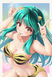 Rule 34 | 1girl, :p, bandeau, bikini, border, breasts, cleavage, commentary request, green hair, grey border, hands up, horns, index finger raised, long hair, looking at viewer, lum, medium breasts, navel, orange eyes, outside border, smile, solo, stomach, strapless, strapless bikini, swimsuit, ten (tenchan man), tongue, tongue out, upper body, urusei yatsura, very long hair, yellow bikini