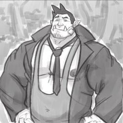 Rule 34 | 1boy, ace attorney, alternate muscle size, alternate pectoral size, bandaid, bandaid on cheek, bandaid on face, bara, bare pectorals, belly, coat, collared shirt, covered navel, dick gumshoe, facial hair, fat, fat man, goatee stubble, greyscale, grisser art, large pectorals, loose necktie, male focus, mature male, monochrome, monster boy, monsterification, muscular, muscular male, necktie, nipples, orc, pectorals, pointy ears, shirt, short hair, singlet, sketch, solo, stubble, tusks, upper body