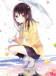 Rule 34 | 1girl, black hair, blue eyes, boots, boyano, hand on lap, holding, holding umbrella, hood, hood down, looking at viewer, miniskirt, original, parted lips, pleated skirt, raincoat, reflection, ripples, rubber boots, skirt, solo, squatting, transparent, transparent umbrella, umbrella, water drop, wet