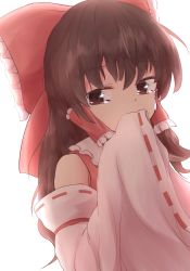 Rule 34 | 1girl, arm up, brown eyes, brown hair, commentary request, covering own mouth, detached sleeves, hair between eyes, hair ribbon, hair tubes, hakurei reimu, highres, long hair, looking at viewer, partial commentary, red vest, resa 7z (resastr), ribbon, ribbon-trimmed sleeves, ribbon trim, sidelocks, simple background, sleeves past fingers, sleeves past wrists, solo, standing, tearing up, touhou, upper body, vest, white background, wide sleeves