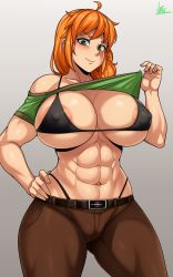 Rule 34 | 1girl, abs, absurdres, alex (minecraft), areola slip, bikini, black bikini, braid, breasts, clothes lift, eyebrows, green eyes, highres, huge breasts, jmg, large areolae, long hair, looking at viewer, minecraft, muscular, muscular female, nipples, orange hair, pants, shirt lift, side ponytail, swimsuit, thick thighs, thighs, tomboy, wide hips