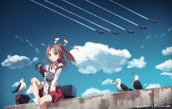 Rule 34 | 10s, 1girl, aichi d3a, arrow (projectile), bad id, bad pixiv id, bird, blue sky, brown eyes, brown hair, cloud, contrail, day, flat chest, flight deck, hachimaki, hair ribbon, harbor, headband, high ponytail, highres, japanese clothes, kantai collection, light brown hair, long hair, muneate, ponytail, quiver, ribbon, seagull, shipyard, shorts, sitting, sky, yunamul, zuihou (kancolle)