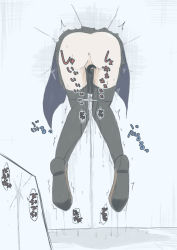 Rule 34 | 1girl, anus, ass, black skirt, black thighhighs, blue background, blue jacket, brown footwear, censored, close-up, from behind, hanging, have to pee, jacket, kantai collection, knees together feet apart, lower body, novelty censor, panties, panty pull, peeing, peeing self, pleated skirt, puddle, pussy, satsuki (kancolle), school uniform, shoes, simple background, skirt, solo, speech bubble, stuck, text focus, thighhighs, through wall, translation request, trembling, underwear, upskirt, wet, wet clothes, wet panties, white panties, zerotsuu