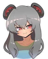 Rule 34 | 1girl, :3, alternate hair length, alternate hairstyle, animal ears, blush, closed mouth, colorized, commentary request, cookie (touhou), green shirt, grey hair, highres, looking at viewer, madore, mouse ears, nazrin, nyon (cookie), portrait, red eyes, shirt, simple background, smile, solo, touhou, ttttttrrrrrrkkk, white background