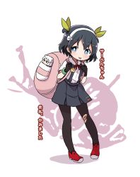 Rule 34 | 10s, 1girl, :p, backpack, bag, bandaid, bandaid on knee, bandaid on leg, black hair, black pantyhose, blue eyes, blush, cherry print, commentary request, cosplay, food print, gloves, hachikuji mayoi, hachikuji mayoi (cosplay), hair ribbon, hairband, highres, kaban (kemono friends), kemono friends, monogatari (series), pantyhose, red ribbon, ribbon, shipii (jigglypuff), short hair, short twintails, silhouette, skirt, snail, solo, suspender skirt, suspenders, tongue, tongue out, torn clothes, torn pantyhose, trait connection, translated, twintails, two side up