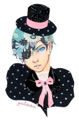 Rule 34 | 1boy, artist name, black hat, black jacket, blue eyes, blue flower, blue hair, bow, bowtie, ciel phantomhive, collared jacket, commentary, commentary request, earrings, english commentary, eyelashes, eyepatch, flower, hair over one eye, hat, jacket, jewelry, kuroshitsuji, lace shirt, looking at viewer, male focus, parted lips, pink bow, pink bowtie, polka dot, polka dot headwear, polka dot jacket, shirt, short hair, solo, stud earrings, teeth, top hat, transparent background, upper body, white shirt, yutaan