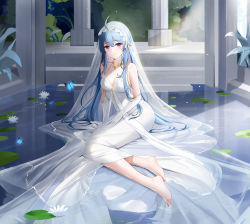 Rule 34 | 1girl, ahoge, arm support, azur lane, bare shoulders, barefoot, blue butterfly, blue hair, breasts, bridal veil, bug, butterfly, cleavage, closed mouth, colored inner hair, dress, earrings, elbow gloves, flower, full body, gloves, gold trim, halter dress, halterneck, helena (azur lane), helena (miracle in white) (azur lane), highres, insect, jewelry, leaf, leaning to the side, long dress, long hair, looking at viewer, medium breasts, multicolored hair, nail polish, necklace, official alternate costume, pillar, pink hair, purple eyes, qing wu, ribbon, sidelocks, sitting, sitting on water, sleeveless, sleeveless dress, solo, toenail polish, toenails, two-tone hair, veil, water, wedding dress, white dress, white flower, white gloves, white headdress, white ribbon