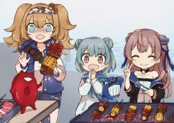 Rule 34 | 3girls, abyssal ship, alternate costume, ane hoshimaru, black jacket, blonde hair, blue hair, blue scarf, breasts, brown eyes, brown hair, commentary request, double bun, enemy lifebuoy (kancolle), food, gambier bay (kancolle), grey shorts, grill, hair bun, hairband, jacket, johnston (kancolle), kantai collection, kebab, large breasts, letterman jacket, little blue whale (kancolle), long hair, multiple girls, ok sign, samuel b. roberts (kancolle), scarf, shirt, short hair, shorts, tongs, twintails, two side up, whale, white shirt