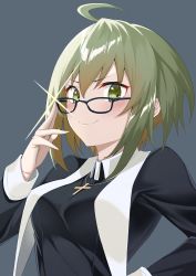 Rule 34 | 1girl, absurdres, adjusting eyewear, ahoge, alternate color, alternate hair color, black-framed eyewear, black dress, blush, breasts, ciel (tsukihime), closed mouth, commentary request, cross, cross necklace, dress, glasses, green eyes, green hair, grey background, habit, hair between eyes, hand on own hip, highres, jewelry, latin cross, long sleeves, looking at viewer, medium breasts, melty blood, melty blood: type lumina, mizumok1, necklace, nun, short hair, sidelocks, simple background, smile, solo, traditional nun, tsukihime, tsukihime (remake), upper body