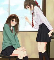 Rule 34 | 2girls, bad id, bad pixiv id, blush, bow, braid, brown eyes, brown hair, collared shirt, commentary request, embarrassed, french braid, from side, hair bow, highres, holding another&#039;s hair, indoors, long sleeves, looking at another, looking at viewer, minagiku, multiple girls, necktie, original, red eyes, school uniform, shirt, sitting, skirt, standing, white shirt, window, yuri