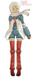 Rule 34 | 00s, 1girl, boots, facial mark, forehead mark, full body, highres, jumpsuit, kikumaru bunta, knee boots, lal&#039;c mellk mal, light smile, long image, red footwear, red thighhighs, romper, scarf, shoes, short hair, simple background, solo, tall image, thighhighs, top wo nerae 2!, translation request, white hair, yellow eyes