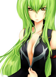 Rule 34 | 00s, 1girl, breasts, c.c., cleavage, code geass, g-ist, green hair, small breasts, solo, unzipping, yellow eyes