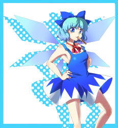 Rule 34 | 1girl, bad id, bad pixiv id, blue hair, cirno, dress, female focus, hands on own hips, mizu mochi, ribbon, short hair, solo, touhou, white background, wings