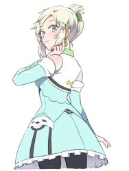 Rule 34 | 1girl, apo 518, bare shoulders, black pantyhose, blonde hair, blue eyes, blue skirt, blue sleeves, closed mouth, cowboy shot, detached sleeves, earrings, eyelashes, folded ponytail, freckles, frilled skirt, frills, hand up, highres, jewelry, legs apart, long sleeves, looking at viewer, lucy (rune factory), pantyhose, rune factory, rune factory 5, short hair, simple background, skirt, smile, solo, white background