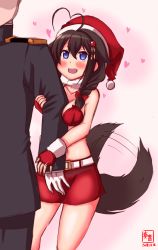 Rule 34 | 1boy, 1girl, absurdres, admiral (kancolle), alternate costume, artist logo, belt, blouse, blue eyes, blush, braid, breasts, collar, cowboy shot, crop top, dated, dog tail, fingerless gloves, gloves, hair between eyes, hair flaps, hair ornament, hair over shoulder, hairclip, hat, headgear, heart, heart-shaped pupils, highres, jewelry, kanon (kurogane knights), kantai collection, kemonomimi mode, long hair, looking at viewer, md5 mismatch, medium breasts, midriff, military, military hat, military uniform, miniskirt, naval uniform, open mouth, out of frame, peaked cap, pink background, red gloves, remodel (kantai collection), ring, santa costume, santa hat, shigure (kancolle), shirt, signature, simple background, single braid, skirt, sleeveless, smile, solo focus, stomach, symbol-shaped pupils, tail, uniform, wedding ring, white gloves