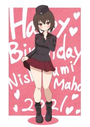 Rule 34 | 1girl, absurdres, blush, breasts, brown eyes, brown hair, character name, closed mouth, full body, girls und panzer, happy birthday, hat, highres, kuromorimine military uniform, looking at viewer, medium breasts, military, military uniform, miniskirt, nishizumi maho, pleated skirt, red skirt, short hair, skirt, smile, solo, standing, uniform, yabai gorilla