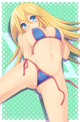 Rule 34 | 1girl, adapted costume, bikini, blonde hair, blue bikini, blue eyes, blush, blush stickers, breast suppress, breasts, cleavage, cowboy shot, crotch, dark magician girl, duel monster, eyebrows, flipped hair, from above, from below, green background, groin, hair between eyes, halftone, halftone background, hands on own chest, head tilt, katatsuka kouji, large breasts, leaning to the side, long hair, looking at viewer, lying, micro bikini, navel, on back, open mouth, outside border, panties, pink bikini, shadow, side-tie bikini bottom, side-tie panties, sideboob, solo, spread legs, string bikini, swimsuit, underwear, untied bikini, wedgie, yu-gi-oh!, yu-gi-oh! duel monsters