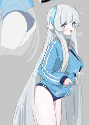 Rule 34 | 1girl, :d, absurdres, ass, blue archive, blush, breasts, buruma, grey background, grey hair, halo, headgear, highres, jacket, large breasts, long hair, looking at viewer, multiple views, noa (blue archive), ocha (popopogg), open mouth, purple eyes, simple background, smile, very long hair