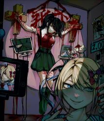 Rule 34 | 2girls, ame-chan (needy girl overdose), black eyes, black hair, black skirt, black socks, blonde hair, blood, blood writing, blue eyes, blue hair, blue shirt, bow, chouzetsusaikawa tenshi-chan, collar, collared shirt, cracked screen, cross, crucifixion, dual persona, full body, guro, hair bow, hair over one eye, highres, holding, holding phone, impaled, indoors, injury, knife, long hair, monitor, multiple girls, nail, needy girl overdose, o (user rzay7843), outstretched arms, phone, pink bow, pink hair, poster (object), recording, red nails, red shirt, restrained, selfie, shelf, shirt, shirt tucked in, skirt, smile, socks, spread arms, stab, stuffed animal, stuffed toy, suspender skirt, suspenders, twintails, upper body, white collar, wrist cutting, youtube creator award
