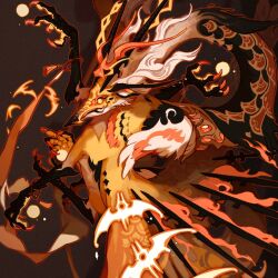 Rule 34 | animal ears, animal focus, bracelet, bright pupils, brown background, claws, commentary, film grain, fire, from side, highres, horns, jewelry, looking at viewer, microw, monster, multiple horns, multiple legs, no humans, orange outline, original, scales, seigaiha, simple background, solo, symbol-only commentary, talons, tassel, tusks, white pupils, yellow eyes