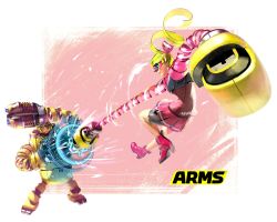 Rule 34 | 2girls, arms (game), bike shorts, boots, boxing gloves, brown hair, clenched teeth, copyright name, domino mask, fighting, goggles, high heel boots, high heels, highres, mask, mechanica (arms), multiple girls, nintendo, official art, punching, ribbon girl (arms), shield, shorts, shorts under skirt, skirt, teeth