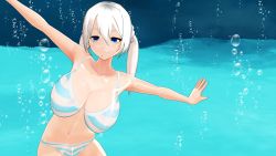 Rule 34 | 1girl, 3d, absurdres, aqua background, bikini, blue eyes, breasts, bubble, cowboy shot, highres, large breasts, long hair, nanatakanashi, navel, original, outstretched arms, seafloor, sidelocks, smile, solo, striped bikini, striped clothes, swimsuit, twintails, underwater, white hair