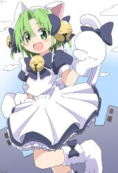 Rule 34 | 1girl, absurdres, animal ears, animal hat, apron, bell, bow, building, cat ears, cat girl, cat hat, cat tail, cloud, cynical (llcbluckg c004), day, dejiko, di gi charat, dress, frills, green eyes, green hair, grey bow, grey dress, hair bell, hair ornament, hand up, hat, highres, jingle bell, looking at viewer, mittens, neck bell, open mouth, outdoors, paw shoes, puffy short sleeves, puffy sleeves, short sleeves, signature, smile, solo, standing, standing on one leg, tail, tail bow, tail ornament, white apron, white footwear, white hat, white mittens