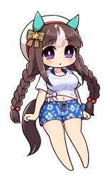Rule 34 | 1girl, animal ears, blue shorts, bow, braid, breasts, brown hair, chibi, commentary request, ear bow, ear covers, floral print, full body, gaze on me! outfit (umamusume), highres, hokko tarumae (umamusume), horse ears, horse girl, horse tail, large breasts, long hair, looking at viewer, midriff, multicolored hair, navel, purple eyes, shirt, shorts, simoyuki, simple background, solo, streaked hair, tail, tied shirt, twin braids, umamusume, white background, white hair, white headwear, white shirt