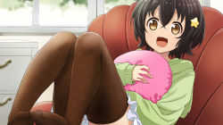 Rule 34 | 1girl, :3, abe kanari, alternate costume, black hair, brown eyes, brown thighhighs, commentary request, couch, green sweater, hair ornament, high school fleet, hood, hooded sweater, hoodie, irako mikan, no shoes, patterned legwear, pillow, pleated skirt, short hair, skirt, smile, solo, sparkle print, star (symbol), star hair ornament, sweater, thighhighs, white skirt