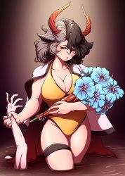 Rule 34 | 1girl, absurdres, animal ears, blue flower, bouquet, breasts, cleavage, collarbone, cow ears, cowboy shot, flower, highres, holding, holding another&#039;s wrist, holding bouquet, horns, large breasts, mefomefo, multicolored hair, one-piece swimsuit, partially submerged, red eyes, spanish commentary, split-color hair, swimsuit, thigh strap, touhou, two-tone hair, ushizaki urumi, wading, yellow one-piece swimsuit