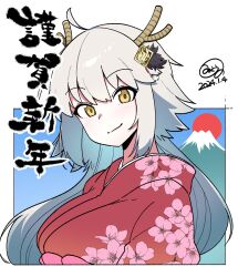 Rule 34 | 1girl, 2024, absurdres, ahoge, alternate costume, closed mouth, commentary request, dated, dragon horns, fake horns, fate/grand order, fate (series), floral print, floral print kimono, hair between eyes, hair ornament, highres, horns, japanese clothes, jeanne d&#039;arc alter (fate), kimono, long hair, looking at viewer, nonoitou110, red kimono, signature, smile, solo, very long hair, white hair, yellow eyes, yukata