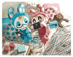 Rule 34 | 2girls, :o, animal crossing, artist name, bed, blue-framed eyewear, blue hood, blue pantyhose, blue shirt, blue shorts, blush, blush stickers, book, border, cable, cellphone, chrissy (animal crossing), commentary request, cup, drink, drinking straw, eyelashes, francine (animal crossing), frilled pillow, frills, furry, furry female, glasses, handheld game console, heart, highres, holding, holding handheld game console, holding phone, hood, indoors, joy-con, kaji (oni atat), looking at viewer, lying, multiple girls, nintendo, nintendo switch, on back, on bed, open mouth, pantyhose, parted lips, phone, pillow, pink hood, pink pantyhose, pink shirt, pink shorts, playing games, polka dot, polka dot pillow, rabbit girl, semi-rimless eyewear, shirt, shorts, siblings, sisters, sitting, sleeveless, sleeveless shirt, smartphone, stuffed animal, stuffed toy, table, teddy bear, twitter username, under-rim eyewear, white border