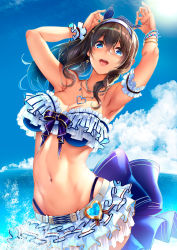 Rule 34 | 1girl, :d, aqua nails, arm garter, armpits, arms up, bad id, bad pixiv id, bare shoulders, belt, black hair, blue eyes, blue panties, blue ribbon, blue sky, blush, breasts, chain, chain necklace, cleavage, cloud, collarbone, commentary request, cowboy shot, day, groin, hair between eyes, hair ornament, hair ribbon, hairband, heart, heart necklace, highleg, highleg panties, highres, idolmaster, idolmaster cinderella girls, idolmaster cinderella girls starlight stage, jewelry, large breasts, layered skirt, long hair, looking at viewer, miniskirt, nail polish, navel, necklace, nohito, open mouth, outdoors, panties, ribbon, sagisawa fumika, sidelocks, skindentation, skirt, sky, smile, solo, star (symbol), star hair ornament, stomach, toned, underwear, wavy hair, white skirt
