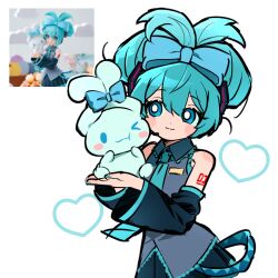 &gt;_o 1girl :3 aqua_hair aqua_nails aqua_necktie arm_tattoo bare_shoulders black_skirt black_sleeves blue_bow blue_eyes blush_stickers bow bright_pupils cinnamoroll detached_sleeves grey_shirt hair_between_eyes hair_bow hair_ornament hatsune_miku jjjjtaaaku long_hair necktie official_alternate_hairstyle one_eye_closed photo-referenced photo_inset rabbit sanrio shirt simple_background skirt standing tattoo tied_ears twintails vocaloid white_background white_fur white_pupils