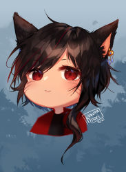 Rule 34 | animal ear fluff, animal ears, artist name, black hair, black shirt, blush, chibi, closed mouth, commission, cropped torso, dated, ear piercing, facial mark, final fantasy, final fantasy xiv, jacket, kobutanori, long hair, looking at viewer, multicolored hair, open clothes, open jacket, piercing, portrait, red hair, red jacket, shirt, streaked hair, upper body, warrior of light (ff14), weapon, weapon on back, whisker markings