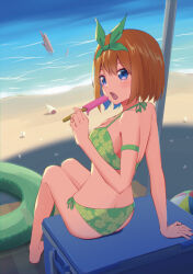 Rule 34 | 1girl, :o, absurdres, arm strap, arm support, ass, bare shoulders, barefoot, beach, bikini, blue eyes, blush, breasts, butt crack, cleavage, clover print, commentary, curvy, day, eyebrows hidden by hair, food, foreshortening, from behind, full body, go-toubun no hanayome, green bikini, green innertube, green ribbon, hair between eyes, hair ribbon, hand up, highres, holding, holding food, holding popsicle, innertube, knees together feet apart, large breasts, looking at viewer, looking back, medium hair, nakano yotsuba, ocean, open mouth, orange hair, outdoors, popsicle, print bikini, ribbon, side-tie bikini bottom, sitting, solo, straight hair, swim ring, swimsuit, yasuba yuichi
