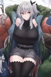 Rule 34 | 1girl, absurdres, ahoge, arknights, armpits, arms up, black ribbon, black sweater, black thighhighs, breasts, coat, commentary, english commentary, green coat, grey hair, grey shorts, hair between eyes, hair ribbon, highres, kanta (kanta 077), large breasts, long hair, long sleeves, looking at viewer, one side up, open clothes, open coat, red eyes, ribbed sweater, ribbon, short shorts, shorts, skadi (arknights), skadi (the next afternoon tea) (arknights), sleeveless, sleeveless sweater, solo, sweater, thighhighs, thighs, very long hair