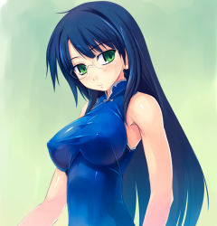 Rule 34 | 1girl, amei sumeru, blue hair, breasts, china dress, chinese clothes, dress, covered erect nipples, glasses, green eyes, impossible clothes, impossible shirt, large breasts, long hair, shirt, solo