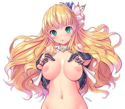 Rule 34 | 00s, 1girl, bad id, bad pixiv id, blonde hair, blush, breasts, breasts apart, cleavage, dungeon and fighter, elven knight (dungeon and fighter), floating hair, flower, gauntlets, green eyes, hair flower, hair ornament, hands on own chest, highres, knight (dungeon and fighter), large breasts, long hair, looking at viewer, navel, neck ribbon, nipples, nude, parted lips, pointy ears, ranken, ribbon, solo, sweat, upper body