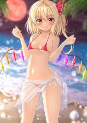 Rule 34 | 1girl, bare shoulders, bikini, blonde hair, blurry, blurry background, blush, breasts, closed mouth, cowboy shot, crystal, flandre scarlet, full moon, highres, looking at viewer, medium hair, moon, navel, night, outdoors, red bikini, red eyes, red moon, reijing etrn, sky, small breasts, smile, solo, standing, swimsuit, touhou, water, water drop, wings